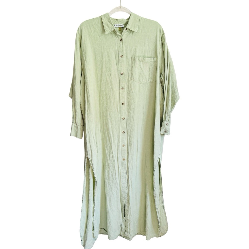 Anthropologie 'Celandine' Linen-Blend Side-Slit Shirt Maxi Dress M Sage Green